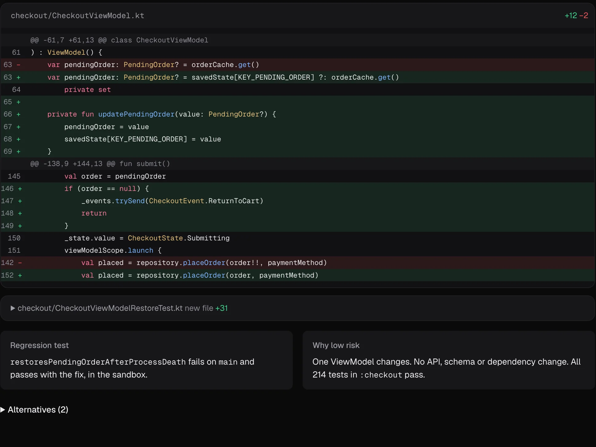 The fix as a diff in CheckoutViewModel.kt, plus a new test file with 31 lines, and a note that the regression test fails on main and passes with the fix.