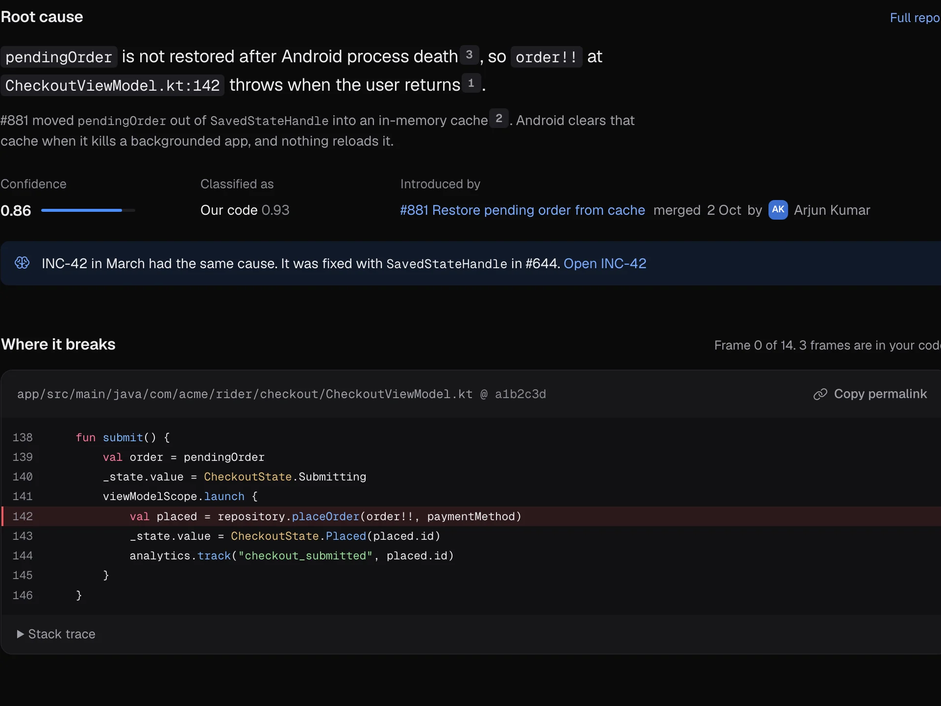 The war room: the root cause sentence with numbered citations, 0.86 confidence, pull request #881 named as the cause, and line 142 of CheckoutViewModel.kt highlighted.