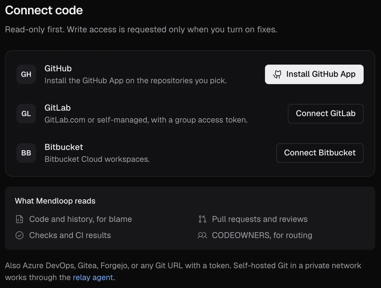 Setup, Connect code: read-only first, listing what Mendloop reads: code and history, pull requests and reviews, checks and CI results, CODEOWNERS.